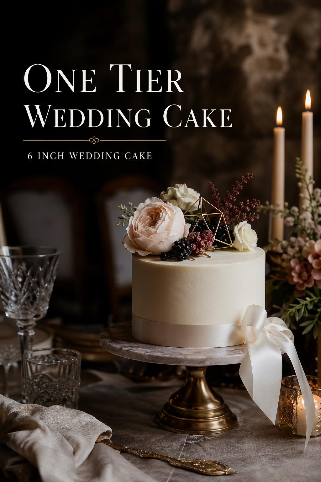 One tier wedding cake on an elegant stand at a candlelit intimate reception with romantic editorial styling