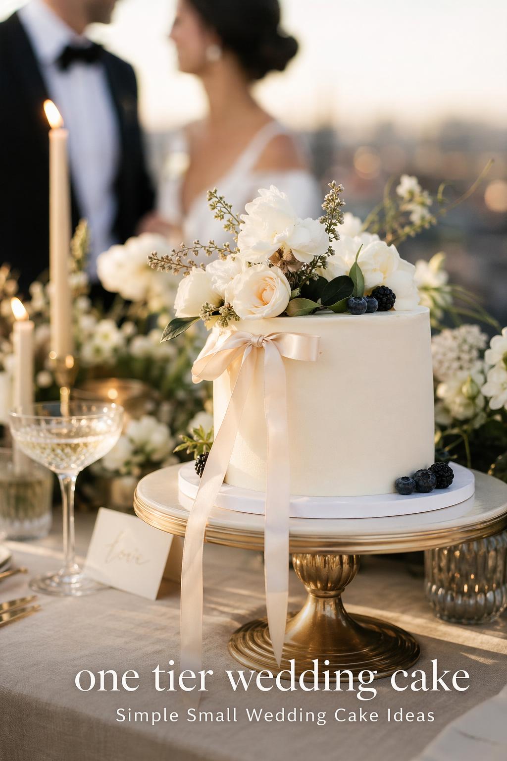 Elegant one tier wedding cake on a pedestal stand at an intimate luxury wedding reception