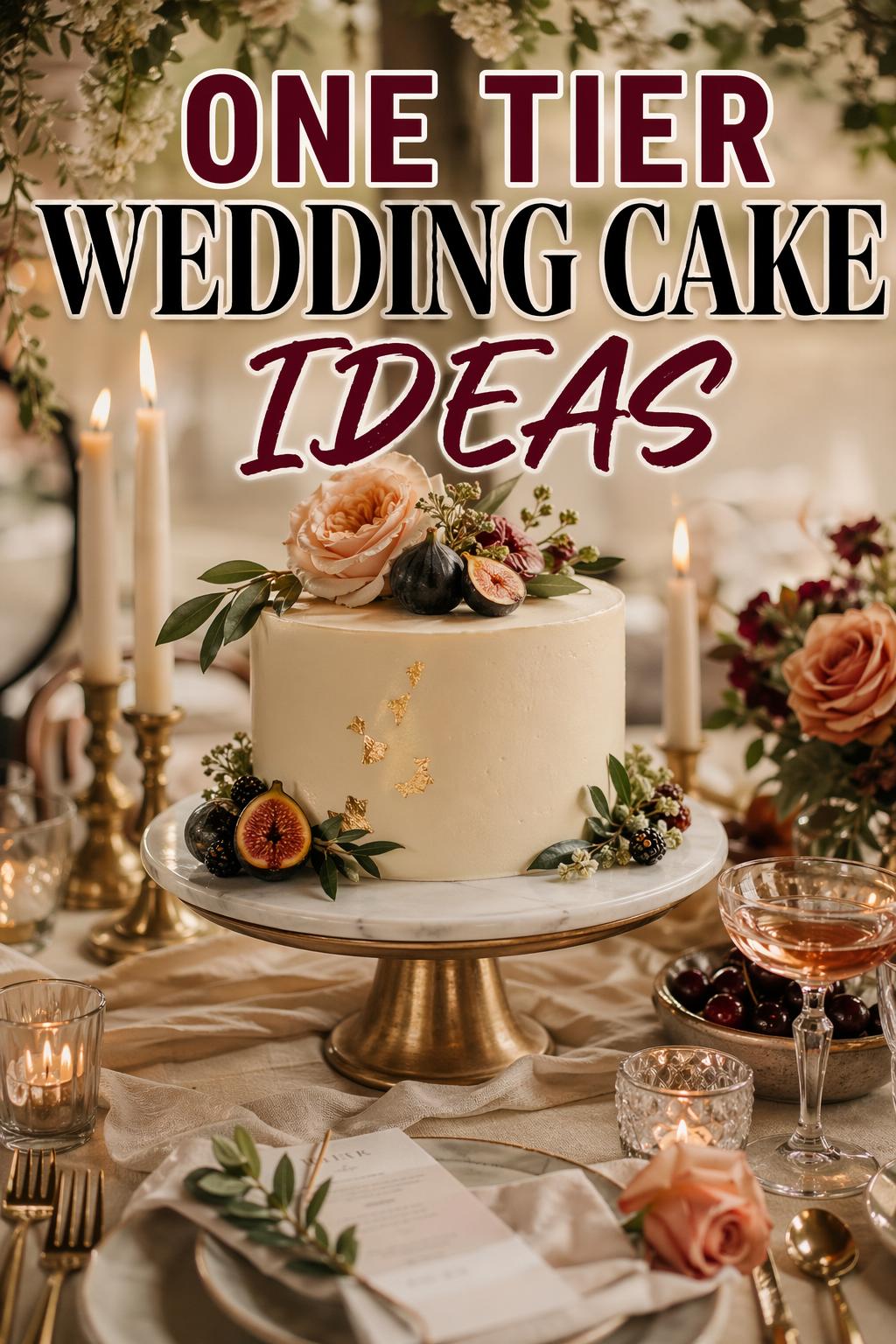 One tier wedding cake styled on an elegant candlelit reception table with florals and romantic decor