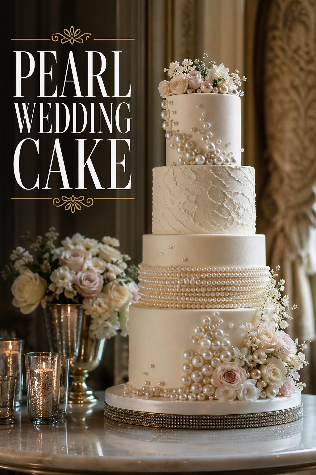 Pearl wedding cake in an elegant ballroom setting with ivory tiers, edible pearls, and soft candlelit bridal styling
