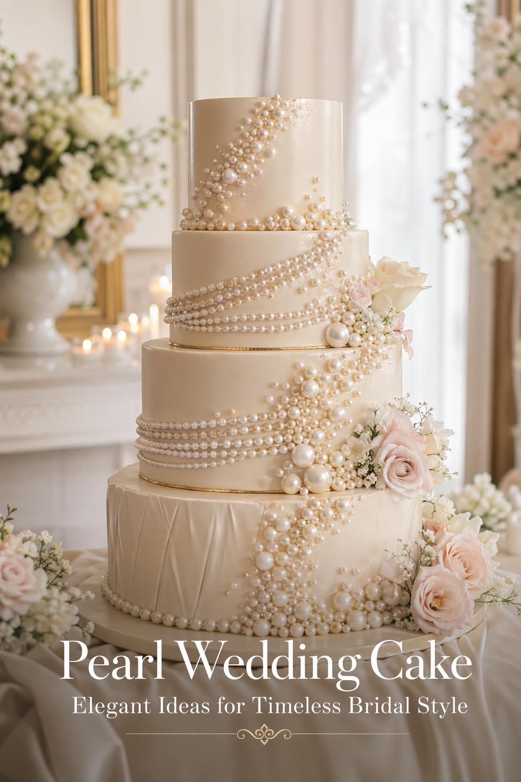 Pearl wedding cake with cascading edible pearls in a refined bridal editorial setting