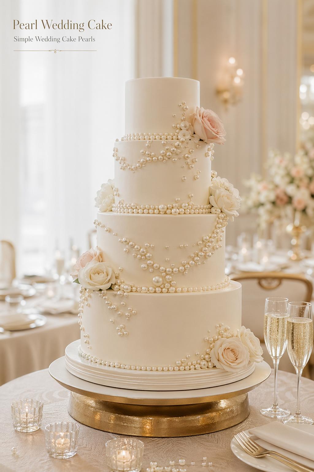 Pearl wedding cake with ivory tiers and delicate floral accents in a luxury bridal editorial setting