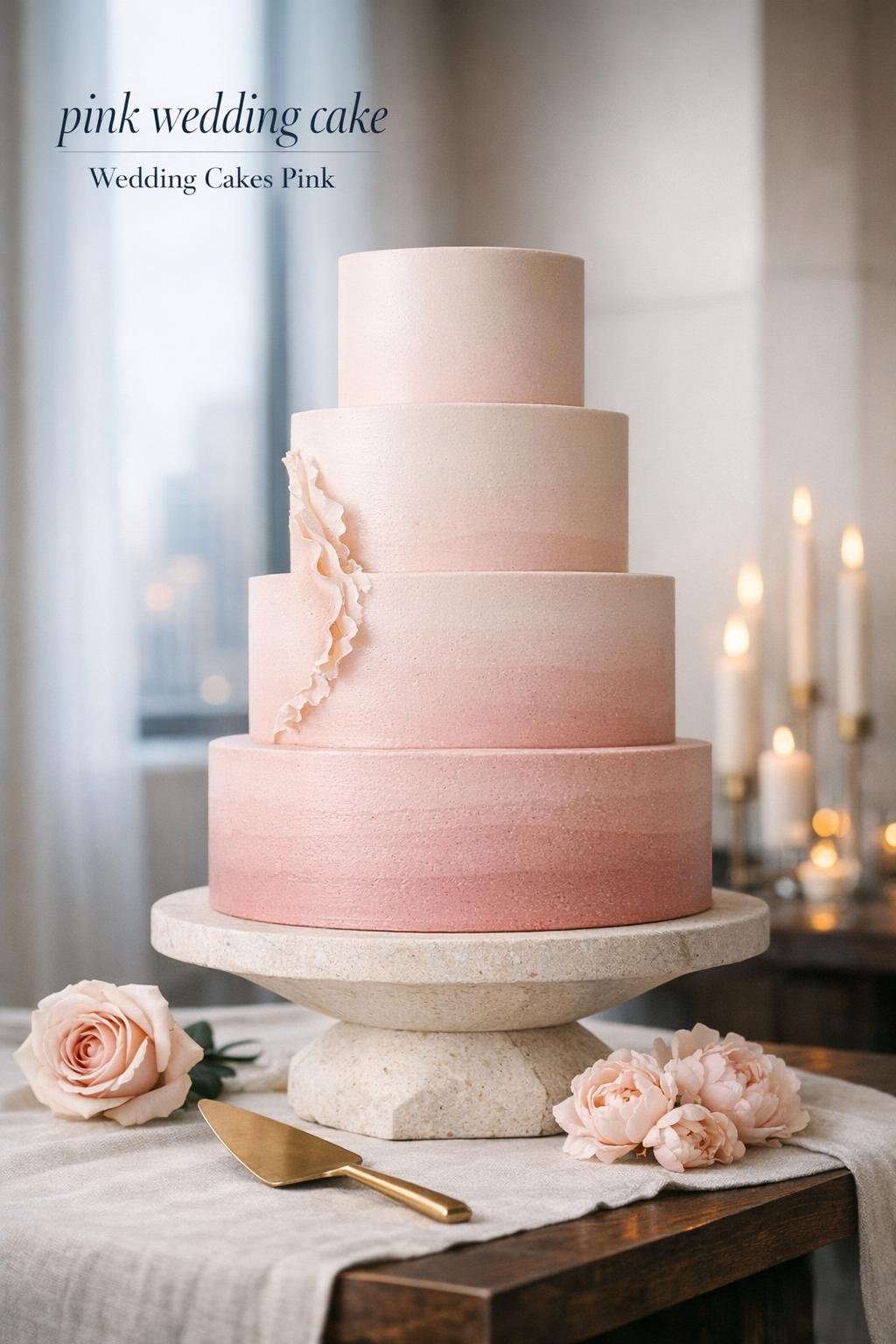 Pink wedding cake with blush ombré tiers on ceramic pedestal, editorial tablescape and soft window light