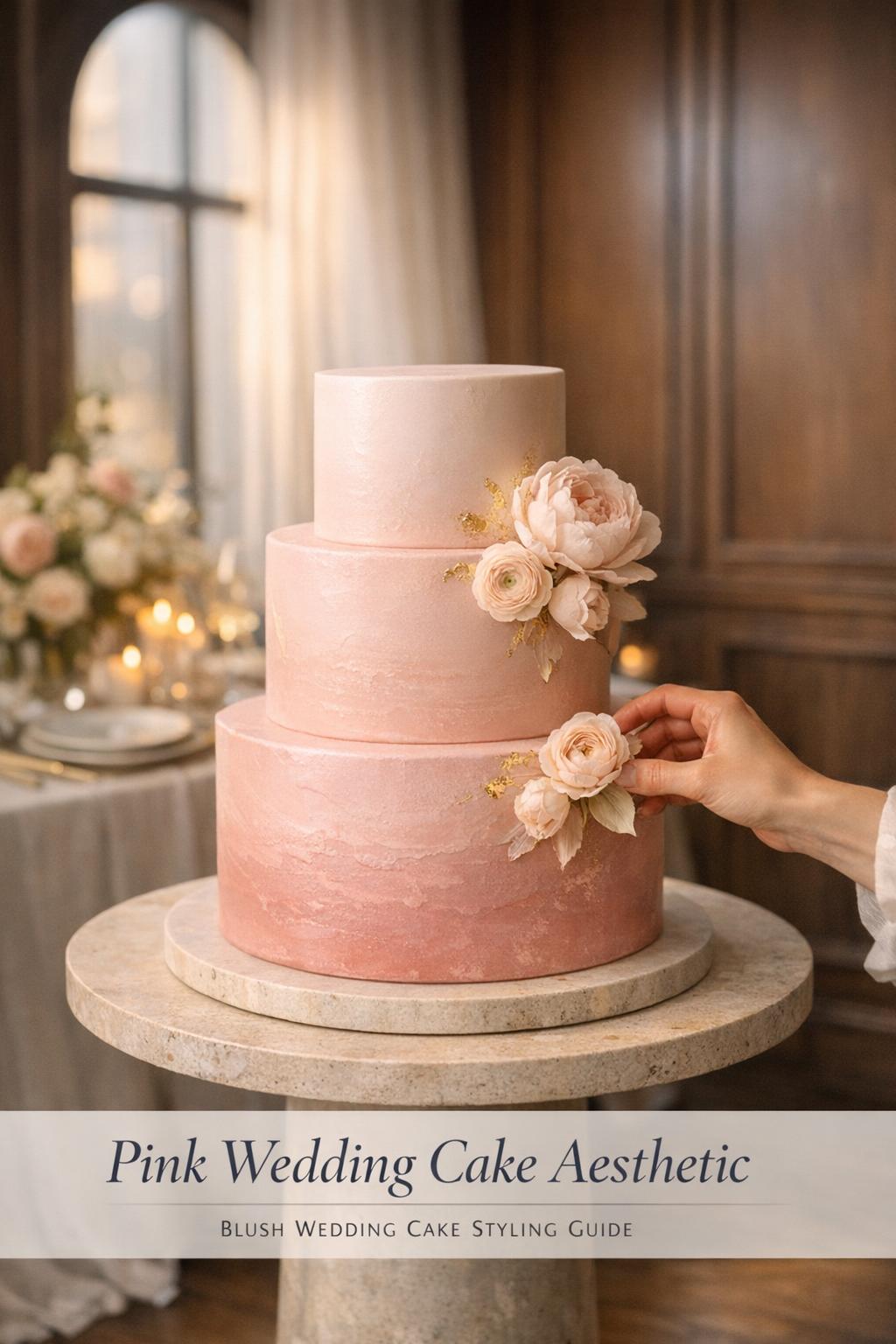 Pink wedding cake on stone pedestal with blush ombré fondant, sugar flowers, and gold leaf in a city reception corner.
