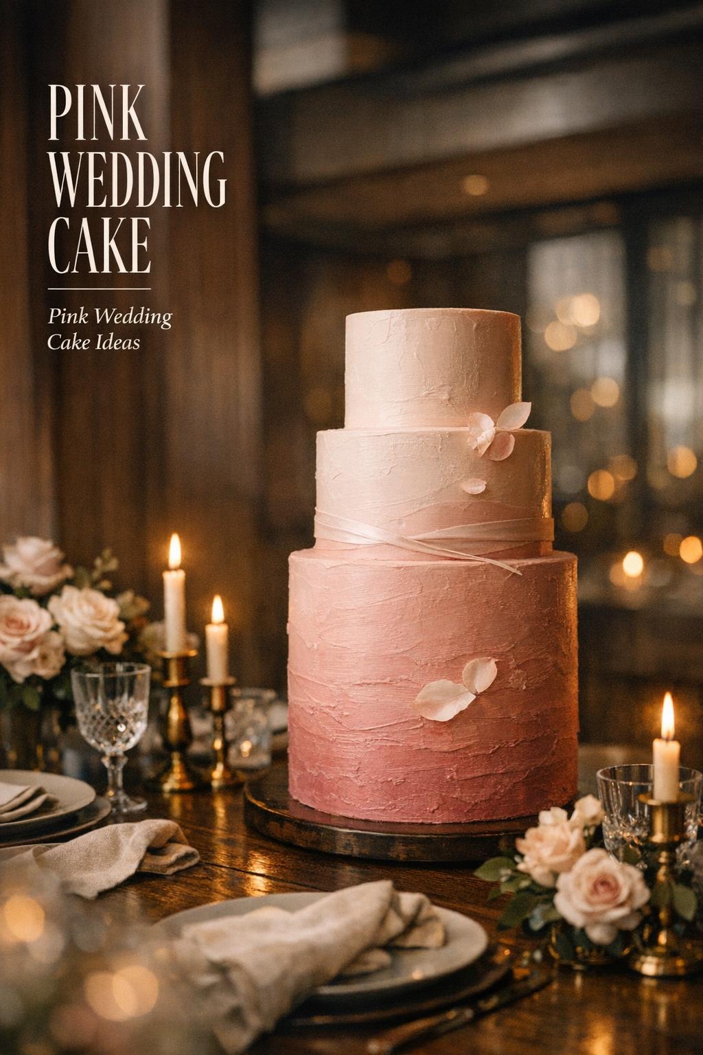 Pink wedding cake on a candlelit modern reception table with blush ombré frosting, crystal glasses, and brass candlesticks