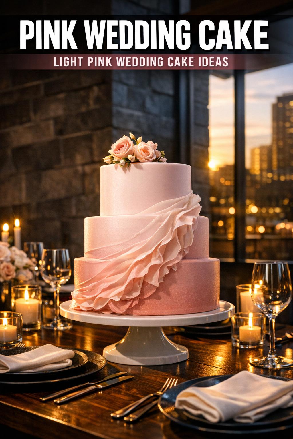 Pink wedding cake with elegant tiered design and floral details on a reception table