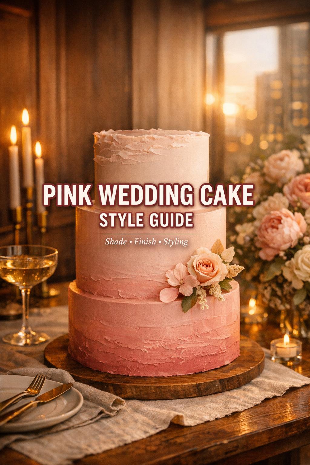 Pink wedding cake with blush ombré buttercream on a cozy candlelit reception table with garden florals and city venue accents