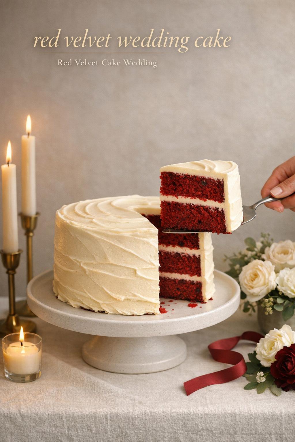 Red velvet wedding cake slice lifted on minimalist candlelit reception table with ivory frosting and elegant floral accents