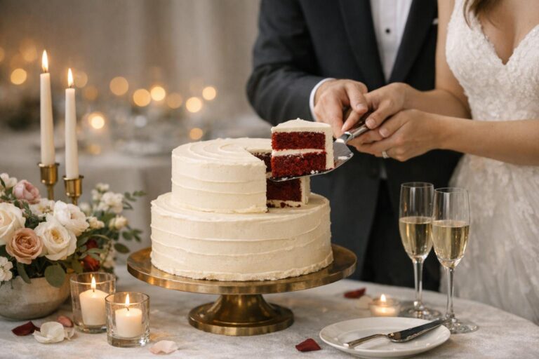 Elegant red velvet wedding cake with classic white frosting on a minimalist cake table, styled for a cohesive romantic reception