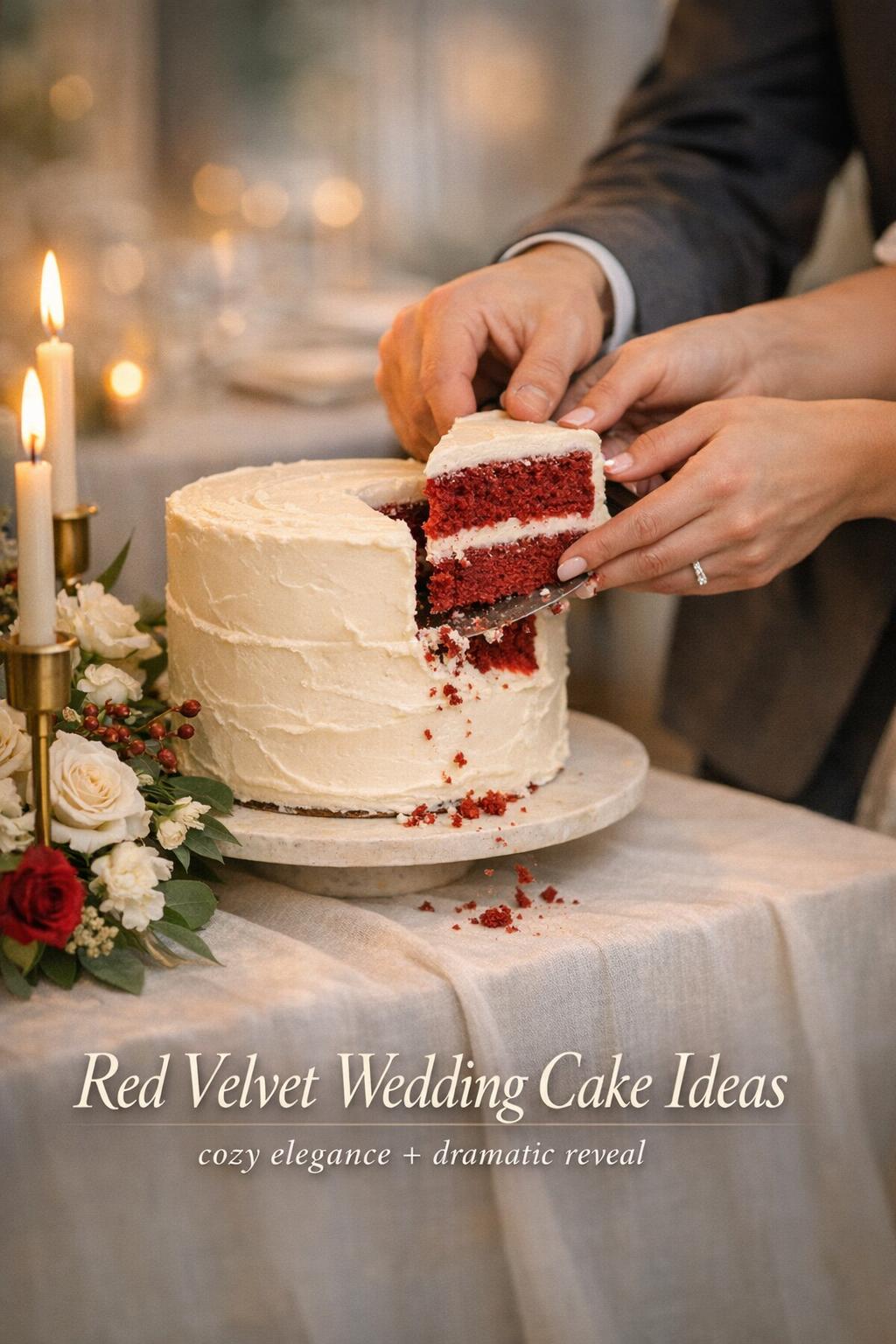 Couple cutting a red velvet wedding cake, revealing crimson crumb and ivory frosting on a candlelit reception table