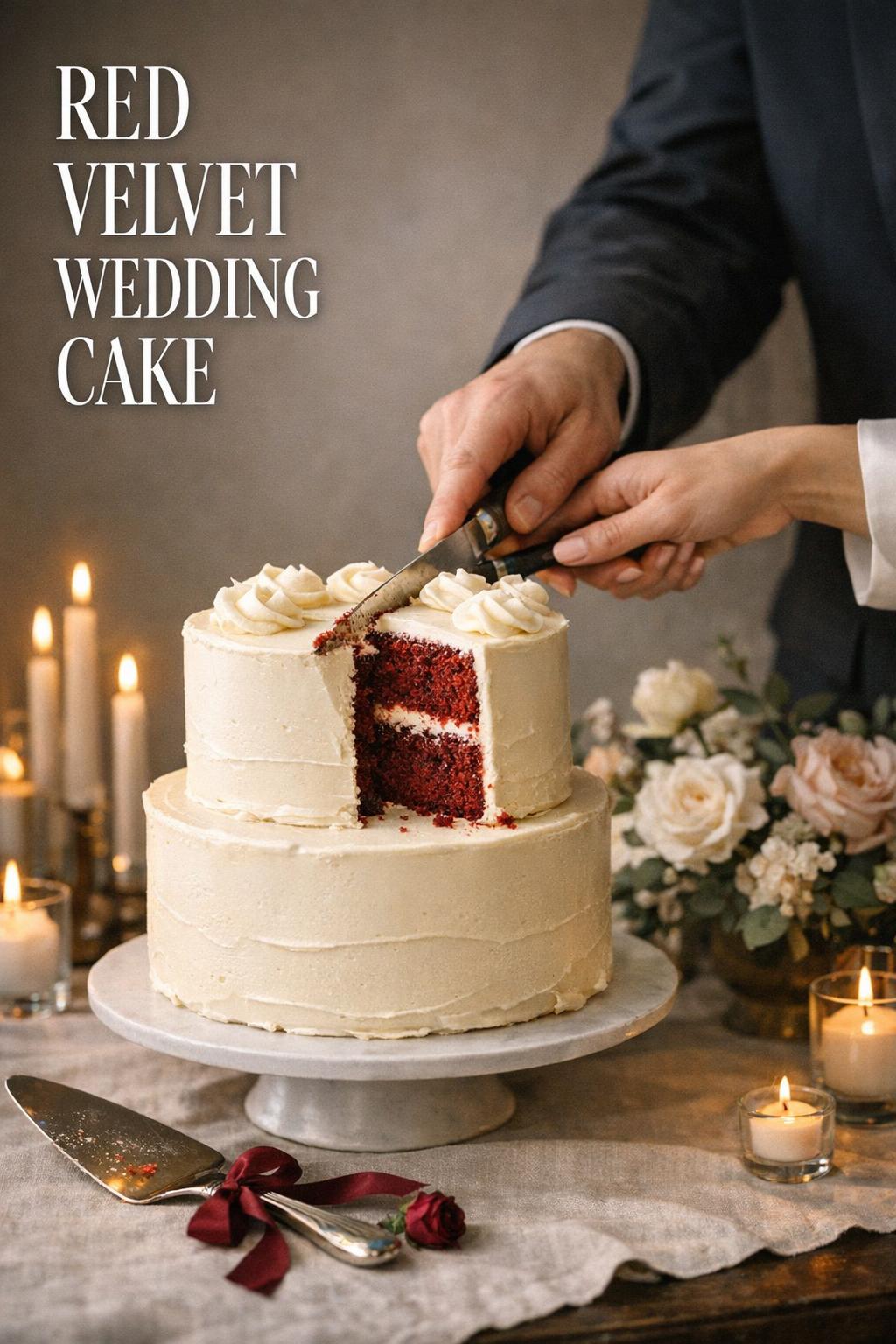 Red velvet wedding cake cutting reveal with couple’s hands, candlelit reception table and ivory frosting details