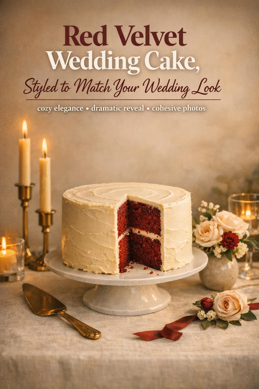 Red velvet wedding cake with ivory frosting on a candlelit golden-hour table, slice reveal and elegant reception styling