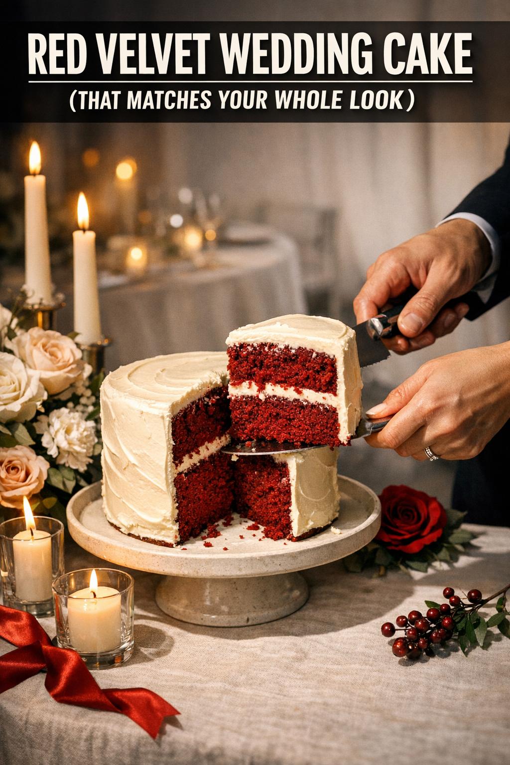 Red velvet wedding cake with elegant white frosting and floral accents on a reception table