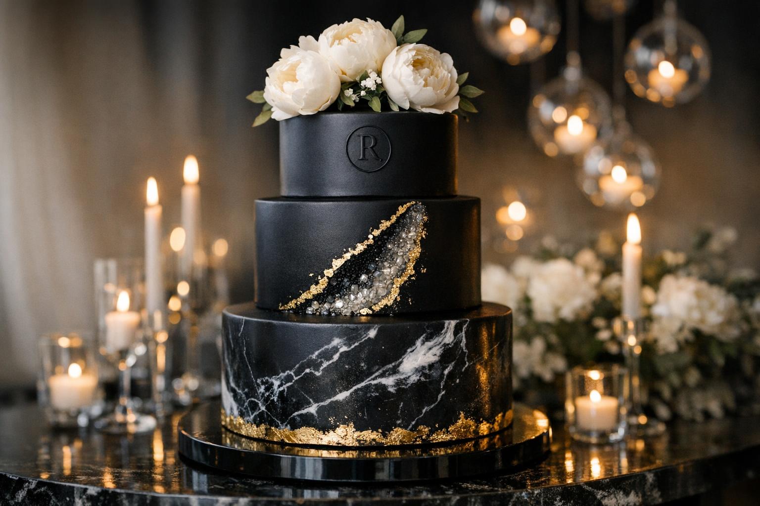 Elegant black wedding cake with gold leaf accents and white flowers on a romantic reception table