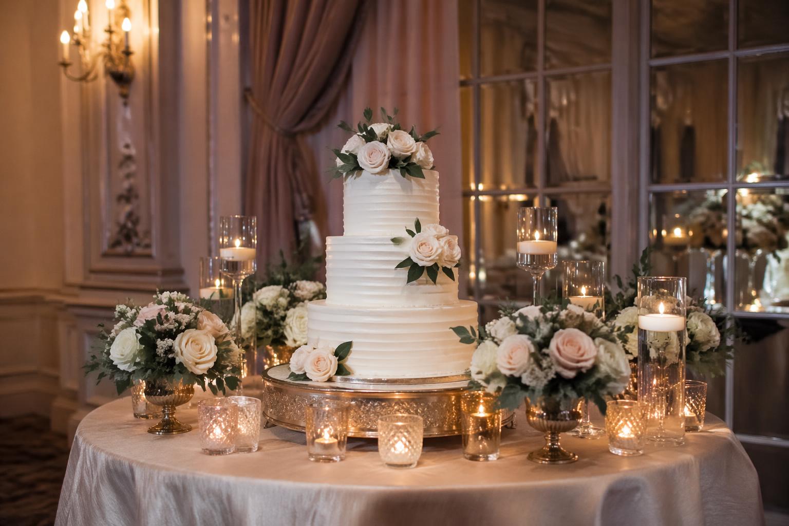 Romantic cake table wedding display with floral accents, candles, and elegant tiered cake at the reception