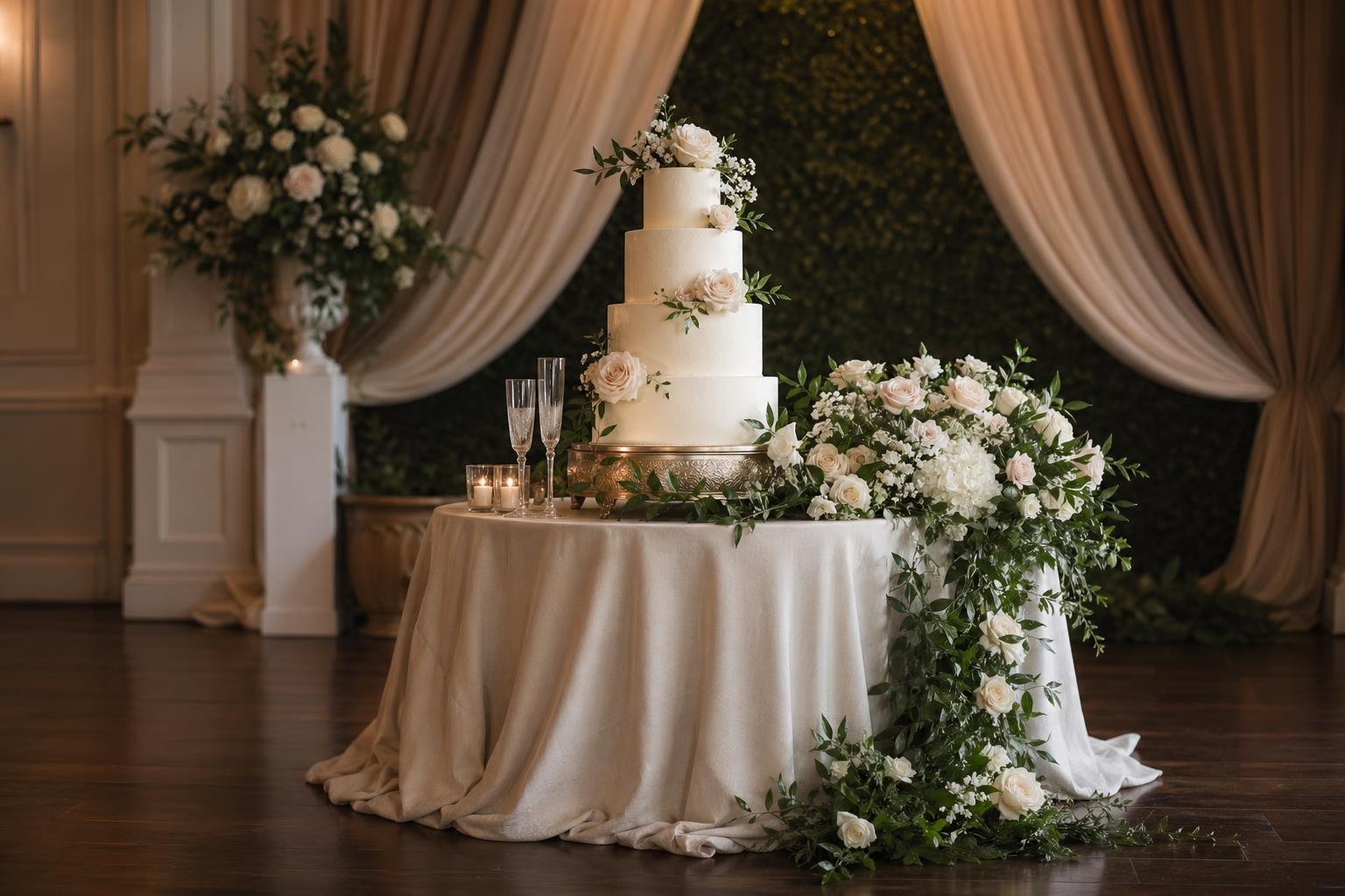 Romantic wedding cake table with white tiered cake, soft florals, candles, and elegant draped backdrop