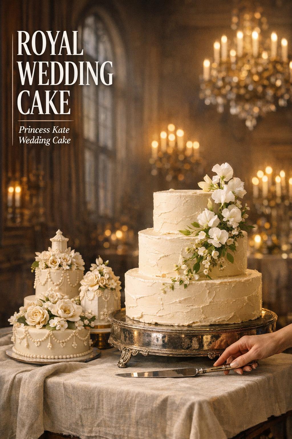 Royal wedding cake on antique silver stand in candlelit castle ballroom with floral tiers and fruitcake detail