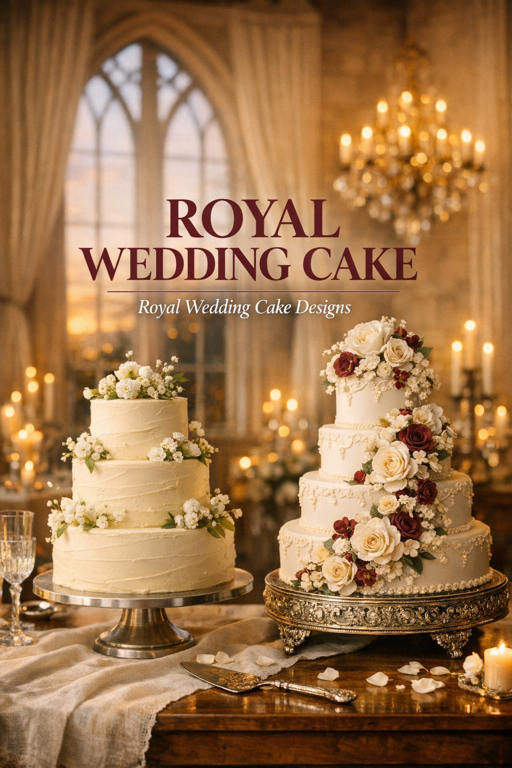 Royal wedding cake display with two elegant cakes on stands in a candlelit castle ballroom reception setting