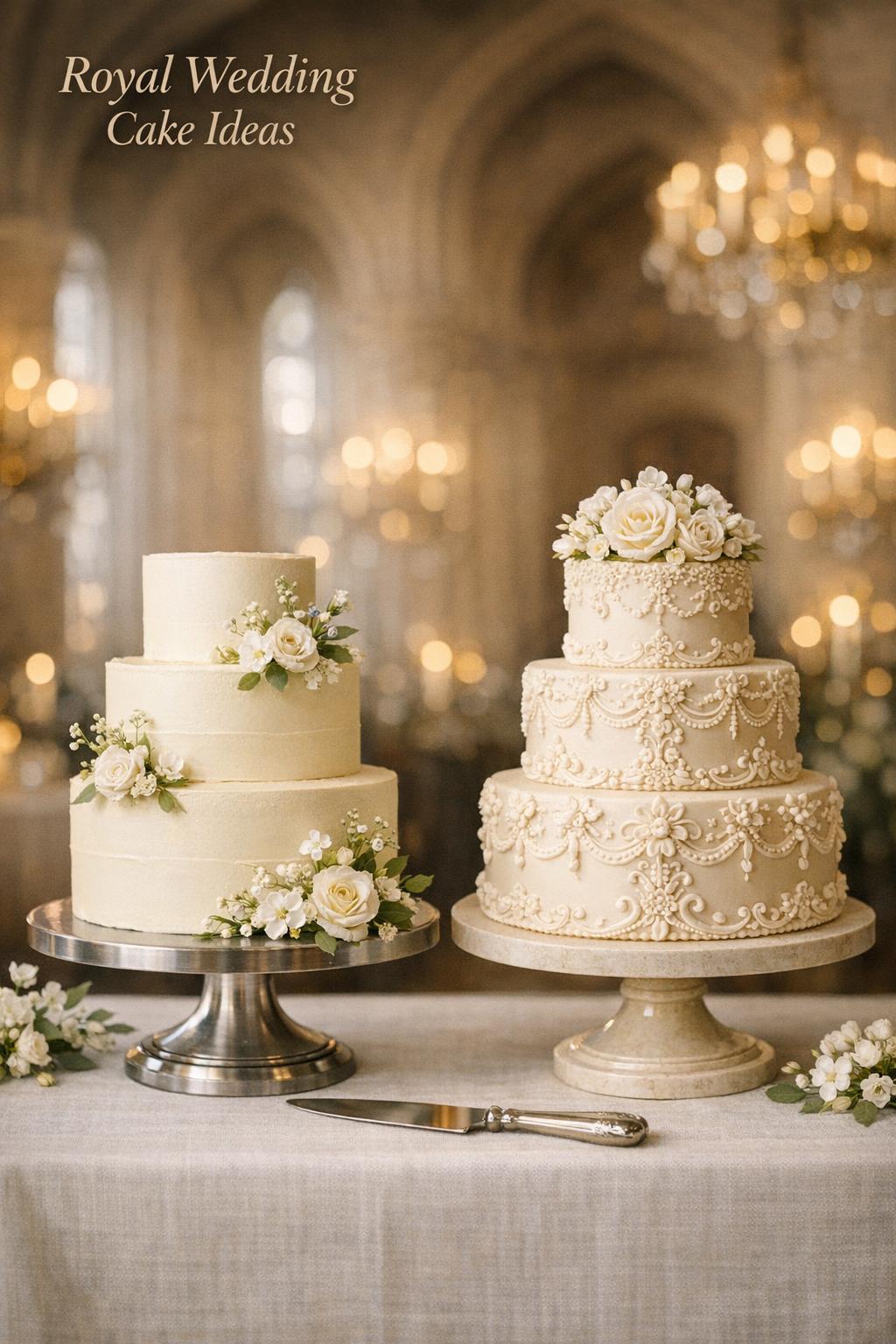 Royal wedding cake displays on linen table in a candlelit castle ballroom, lemon-elderflower and traditional fruitcake tiers.