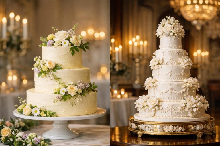 Royal wedding cake with lemon elderflower buttercream and delicate garden flowers on an elegant stand at a reception