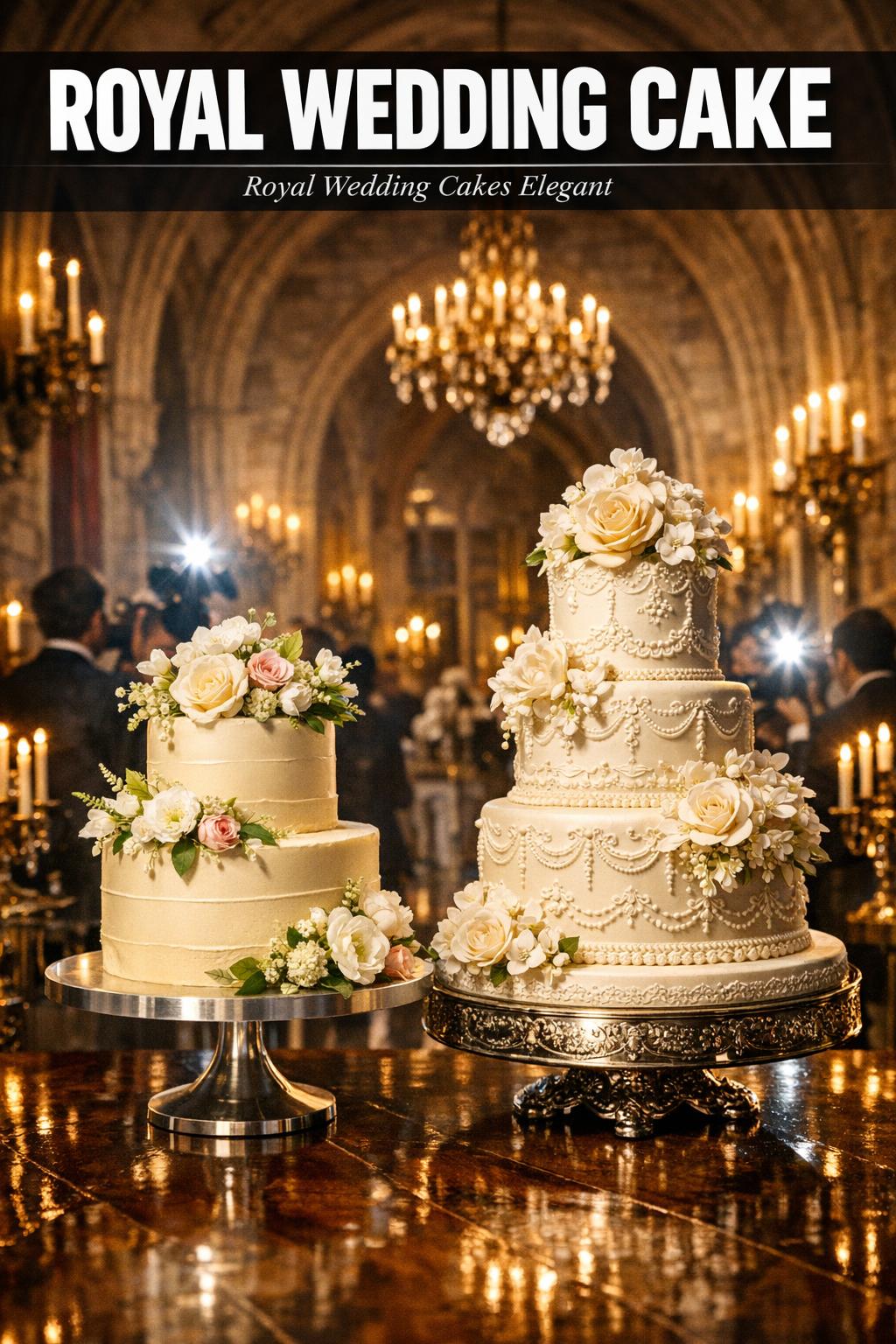 Royal wedding cake with ornate white tiers, floral icing details, and elegant gold accents on a display table