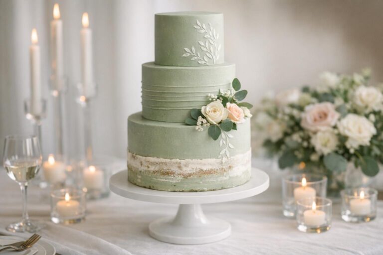 Sage green wedding cake with blush roses, eucalyptus, and ivory tiers on a modern white stand