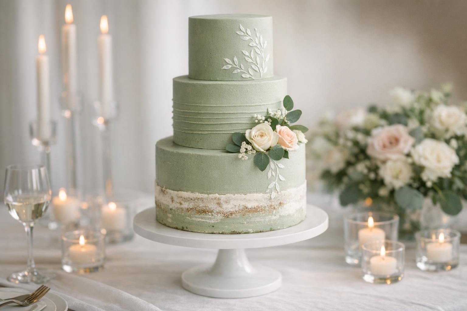 Sage green wedding cake with blush roses, eucalyptus, and ivory tiers on a modern white stand