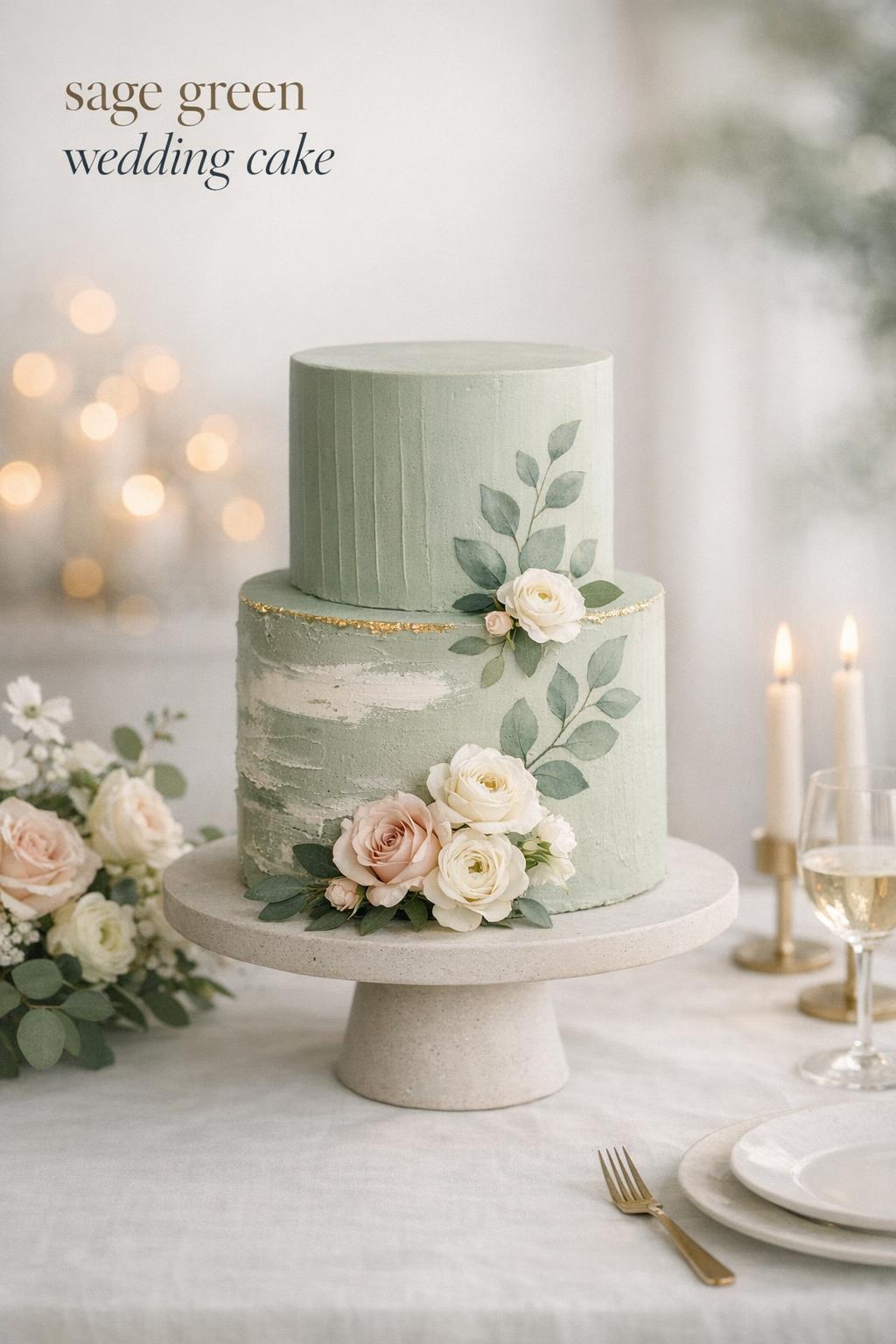 Sage green wedding cake on minimalist pedestal with eucalyptus motif, blush roses, and candlelit reception table