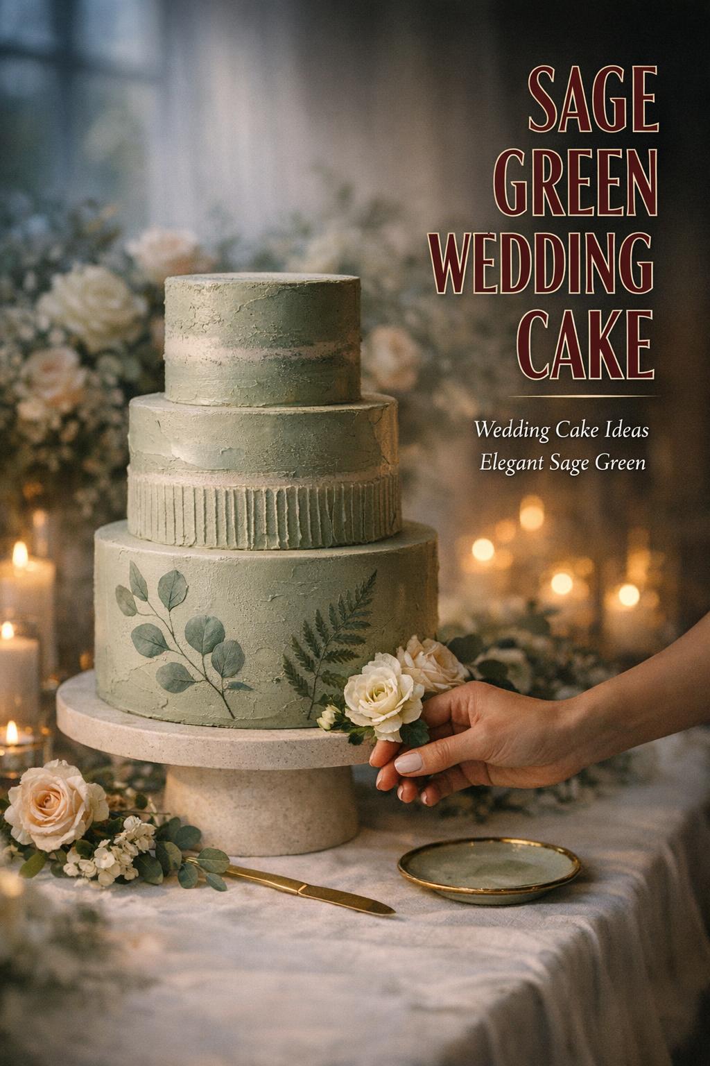 Sage green wedding cake on linen table with candles and bride’s hand adjusting blooms in an airy garden reception.