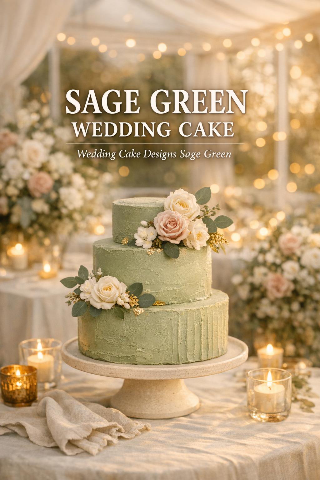 Sage green wedding cake on minimalist pedestal with ivory blooms, blush roses, candles, and garden reception bokeh