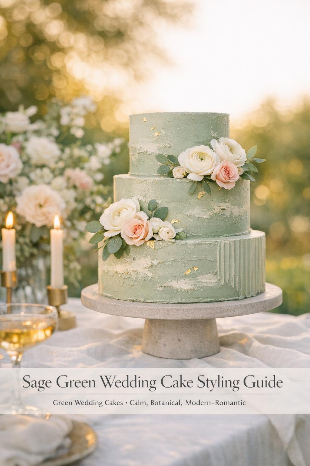 Sage green wedding cake on stone pedestal with ivory blooms, candles, and dreamy garden reception light