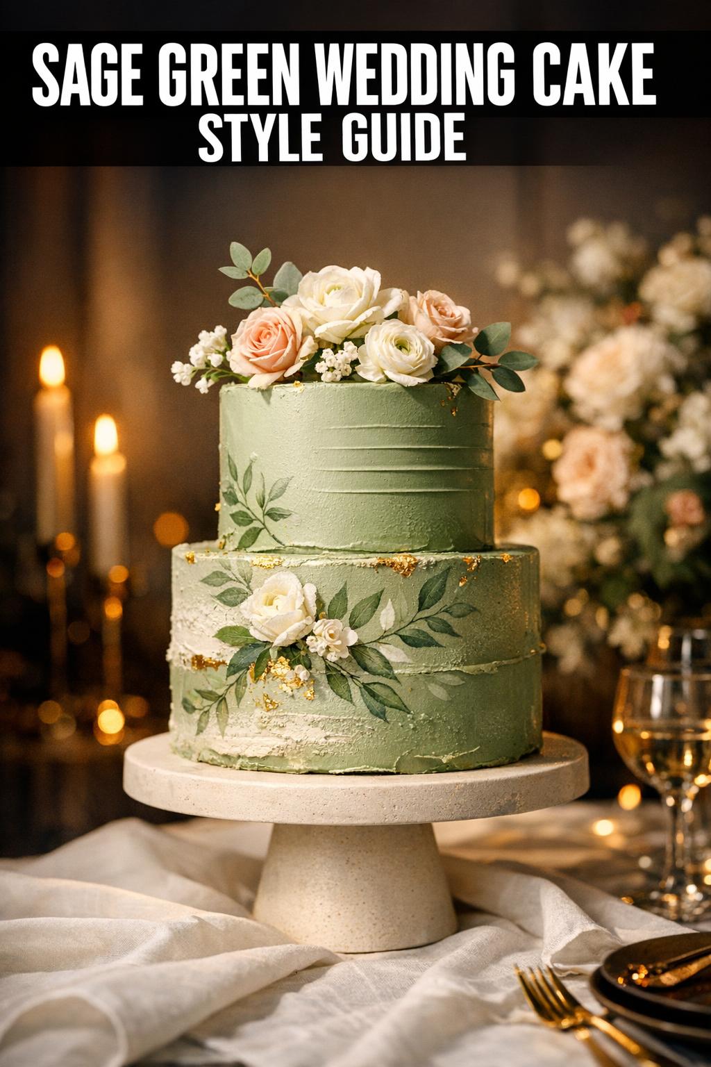 Sage green wedding cake with tiered design and delicate floral details on a white dessert table