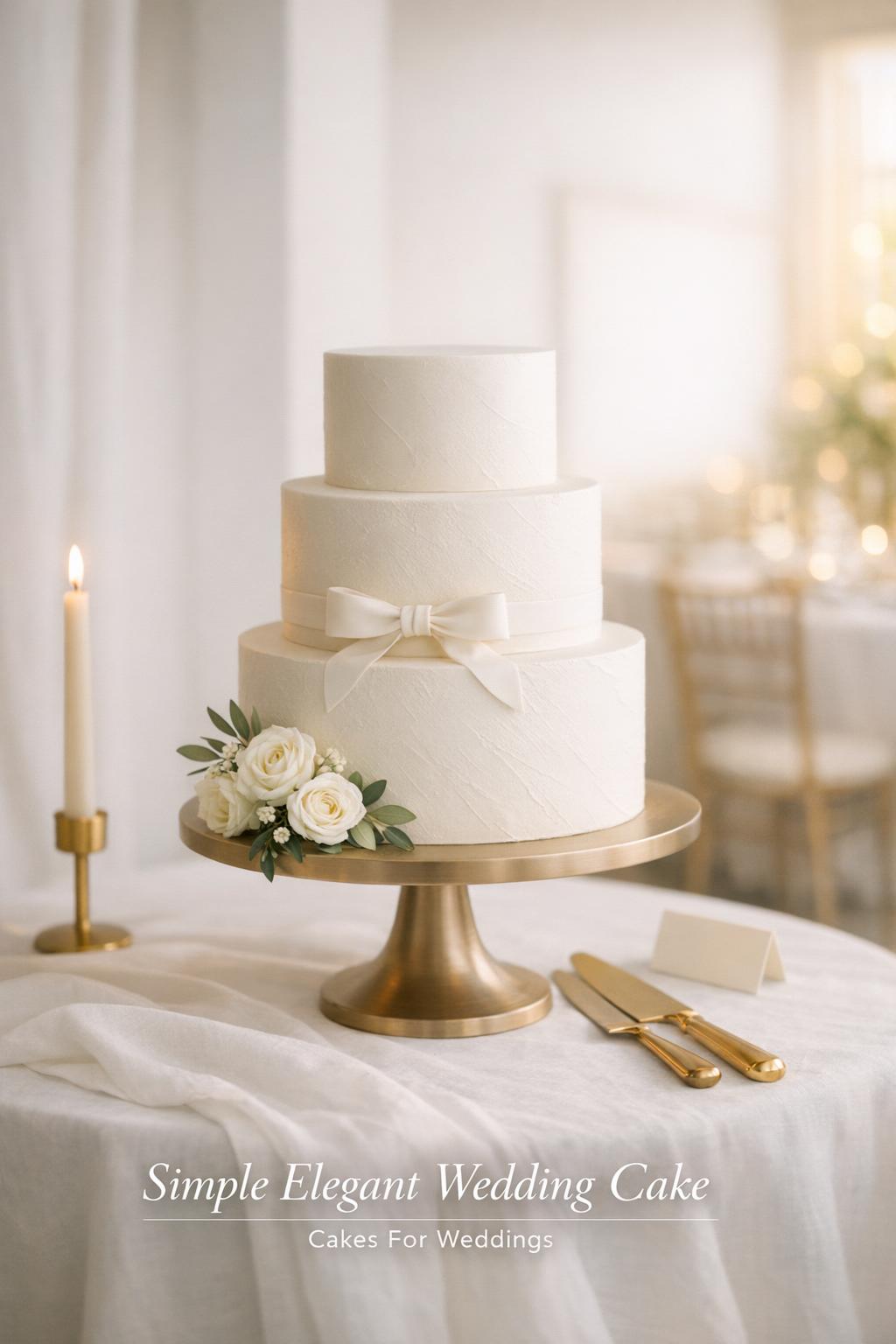 Simple elegant wedding cake on minimalist cake table in bright modern reception with soft window light and gold accents