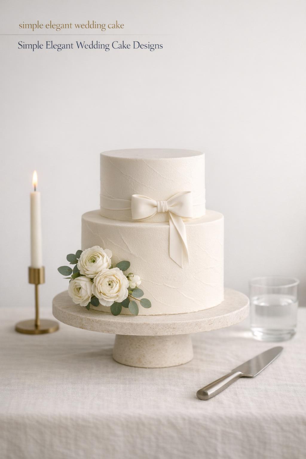 Simple elegant wedding cake on a minimalist white cake table with subtle floral accent and soft natural light
