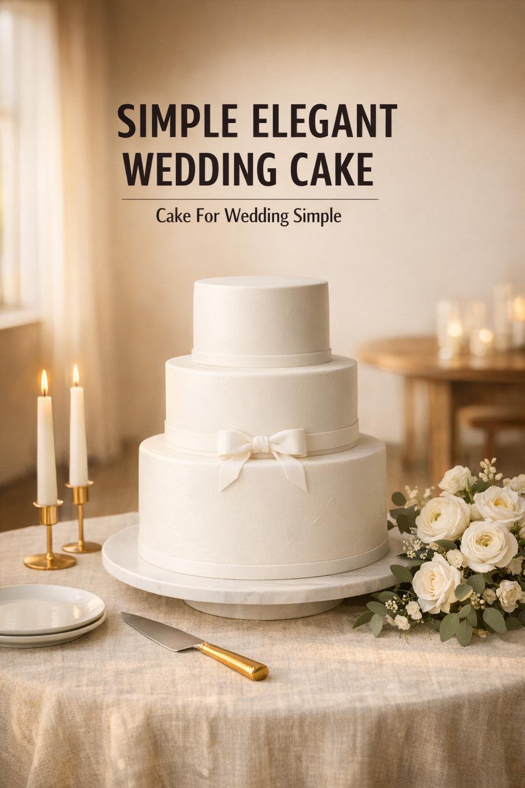 Simple elegant wedding cake on minimalist cake table with golden-hour light, white flowers, linen and candles