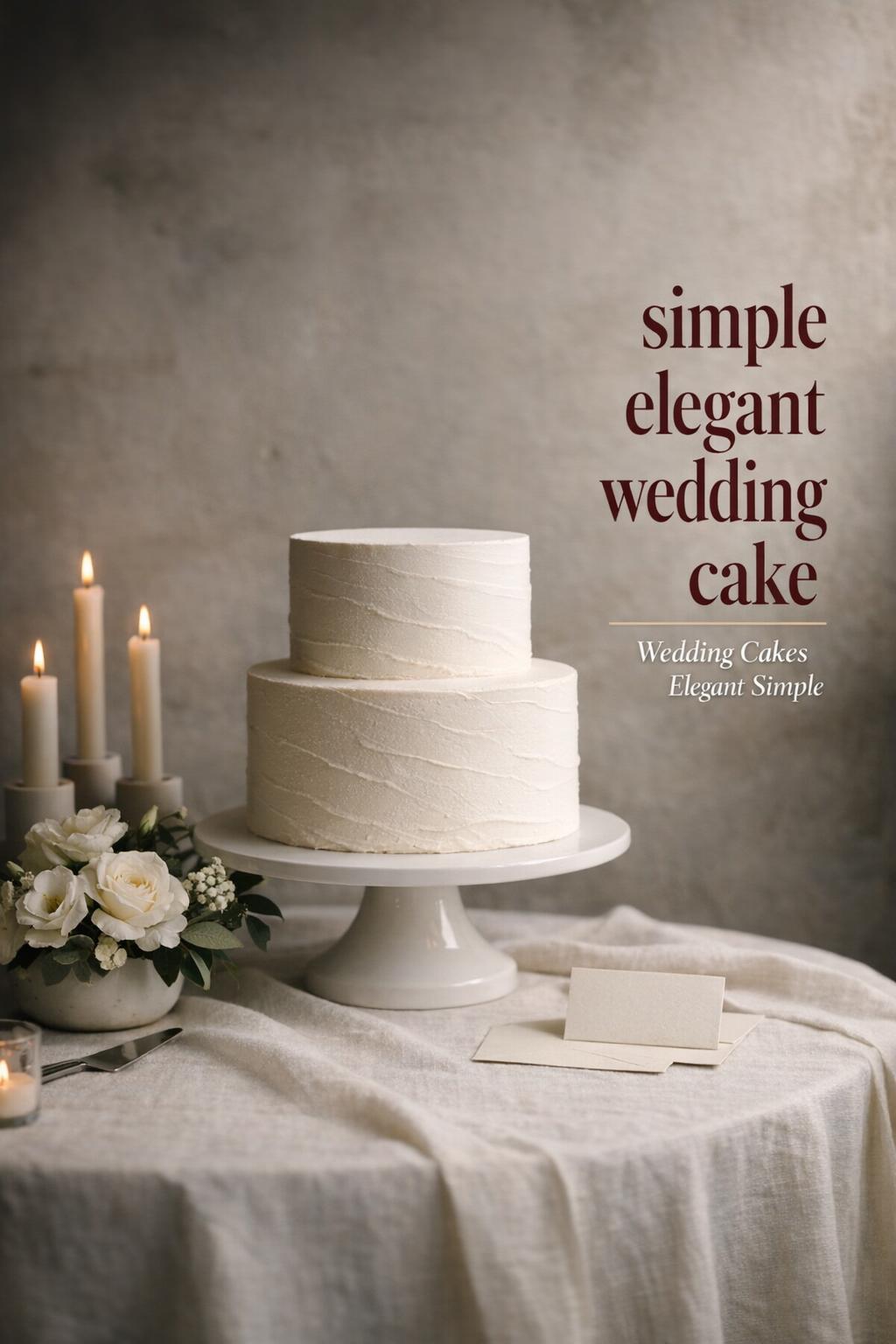 Simple elegant wedding cake on minimalist white cake table with candles and flowers, moody window light and burgundy text.