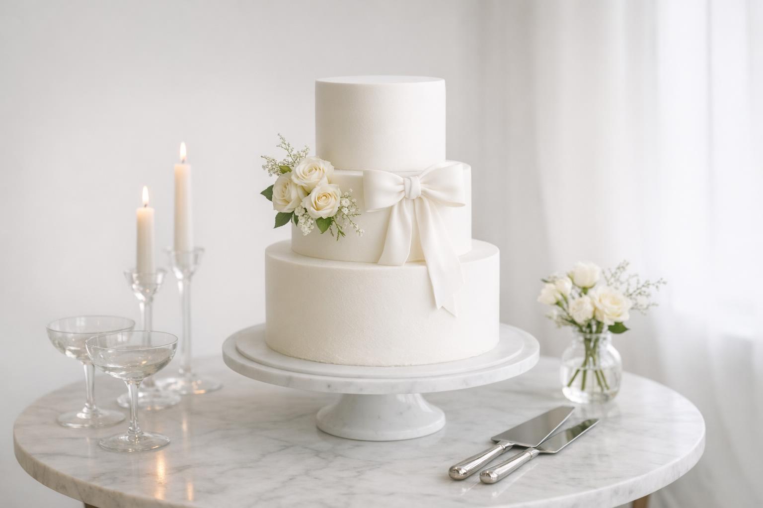 Simple elegant wedding cake with smooth white tiers on a minimalist cake table, styled in soft natural light