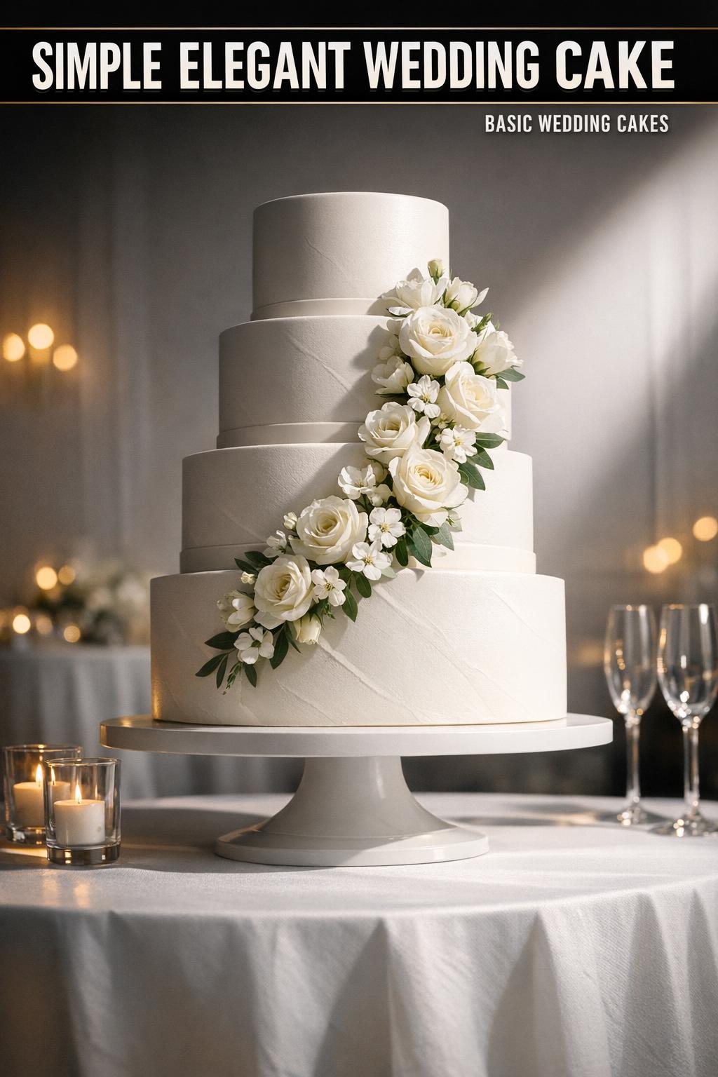 Simple elegant wedding cake with smooth white frosting and delicate floral accents on a modern cake stand