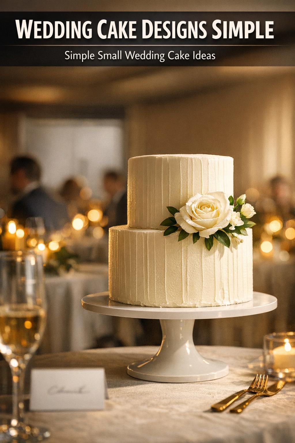 Simple wedding cake designs with a white two-tier cake and fresh flowers on a rustic table