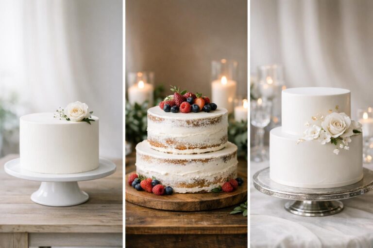 Simple wedding cake ideas: smooth white tiered cake with a single floral accent on a minimalist cake table