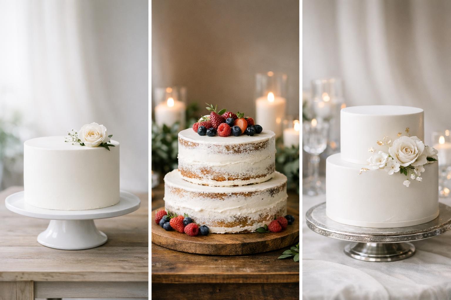 Simple wedding cake ideas: smooth white tiered cake with a single floral accent on a minimalist cake table