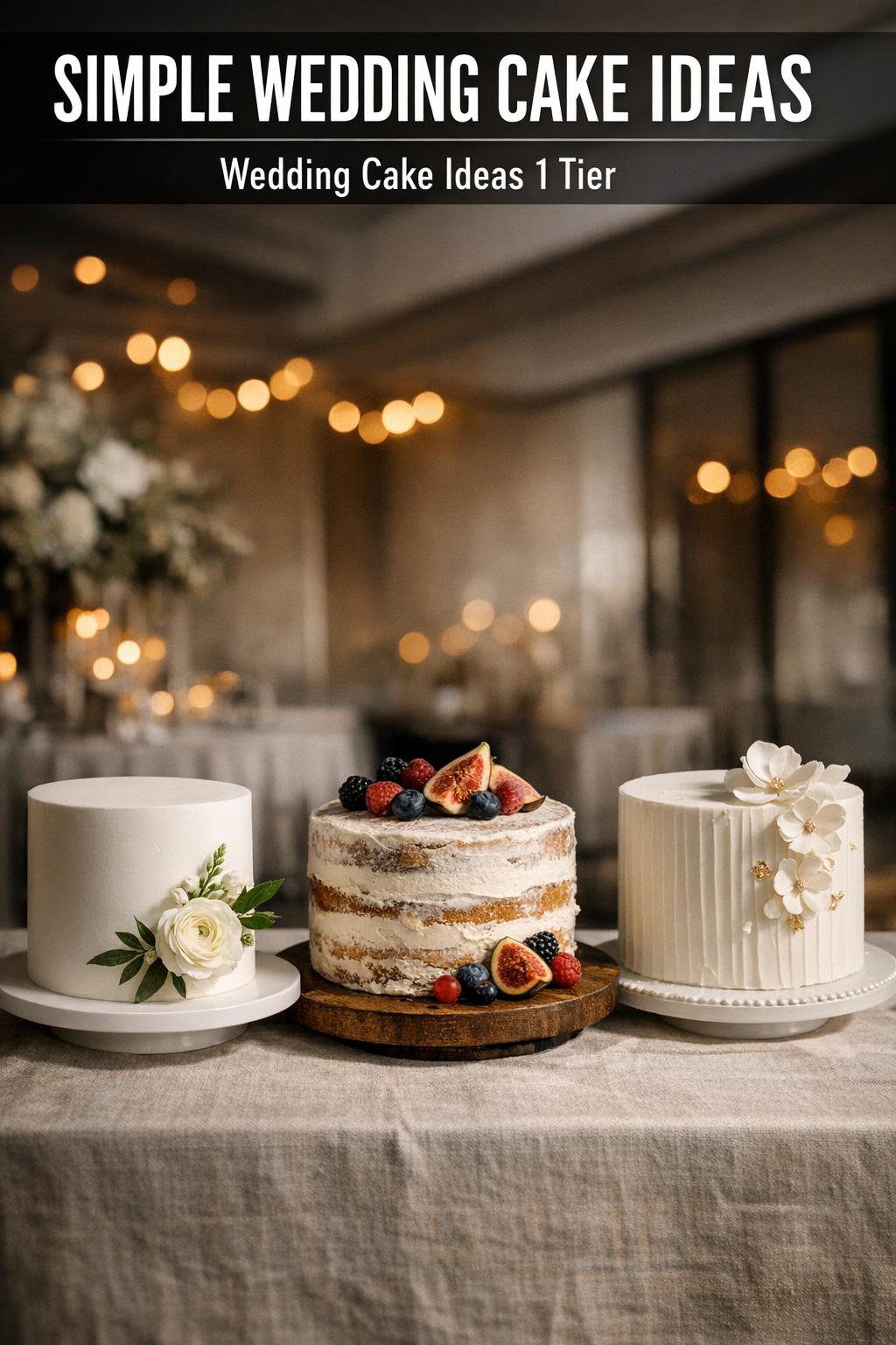 Simple wedding cake ideas with a minimalist white tiered cake and fresh flowers on a rustic table