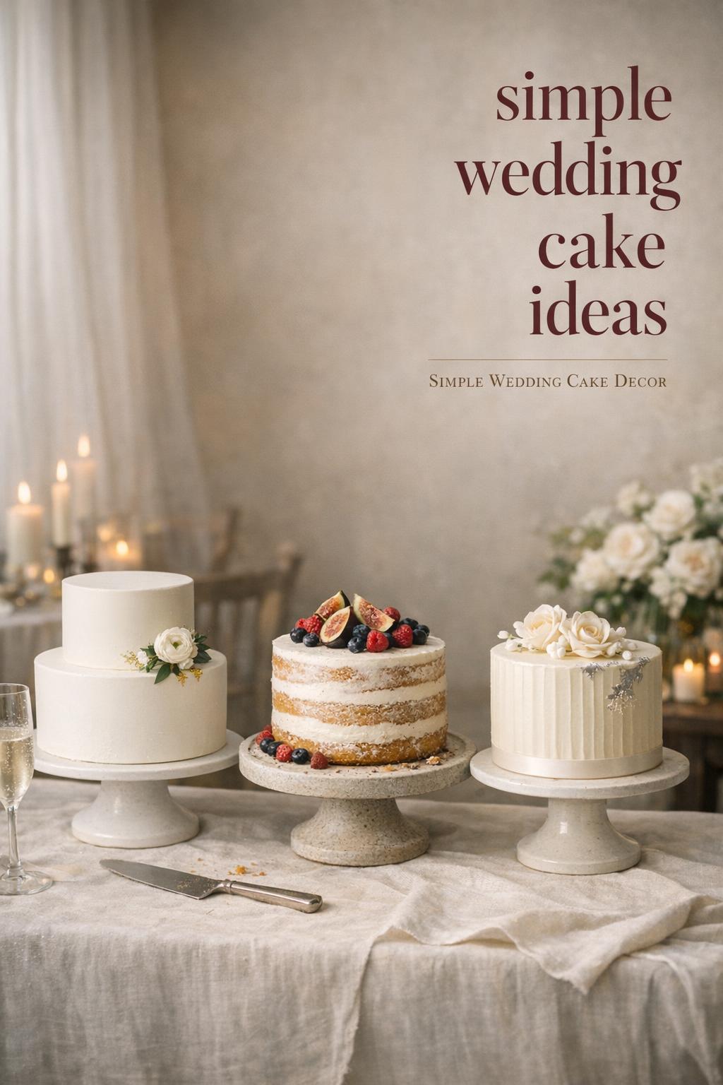 Simple wedding cake ideas display with three modern cakes on stands in a minimalist reception setting with soft window light.