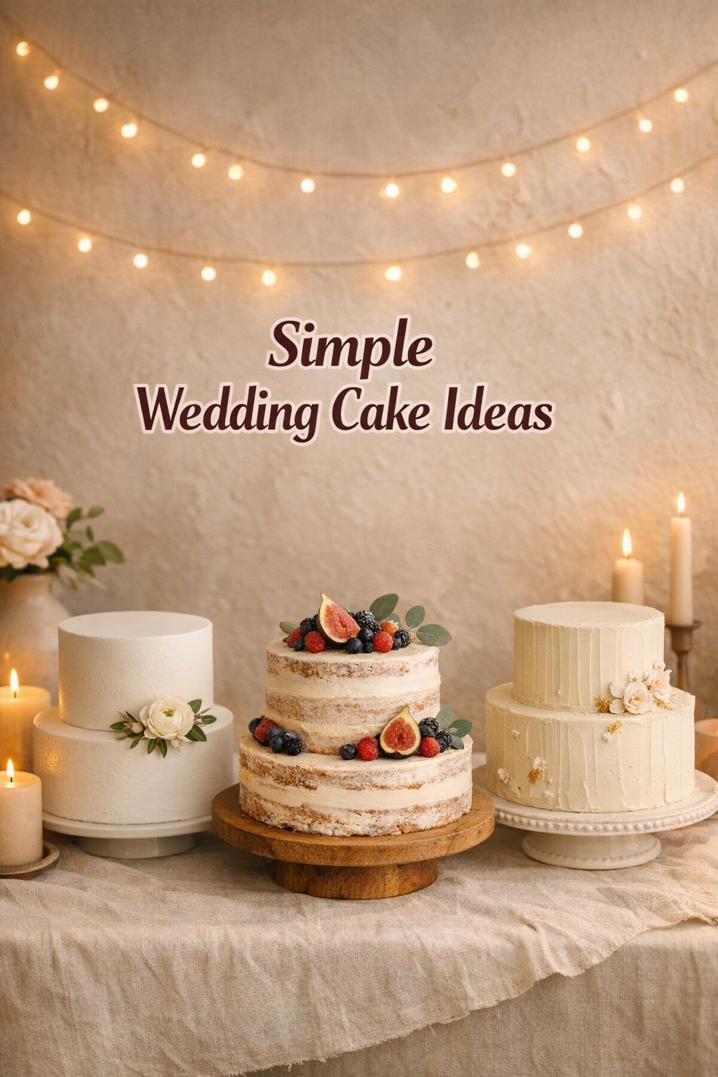 Simple wedding cake ideas shown on a modern reception cake table with three minimalist, rustic, and classic cakes in warm light.