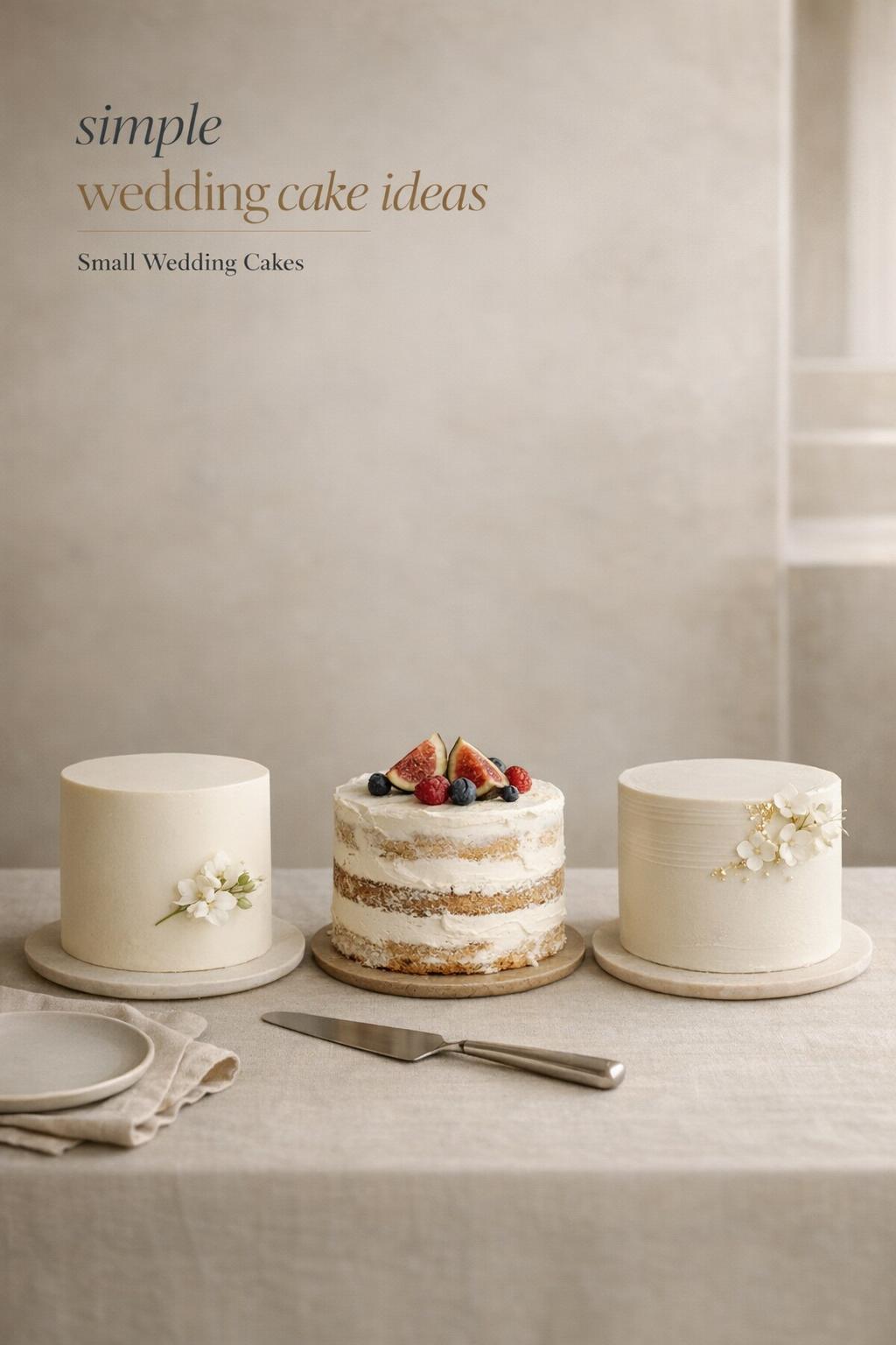 Simple wedding cake ideas shown in three small cakes on a minimalist reception table in warm neutral light