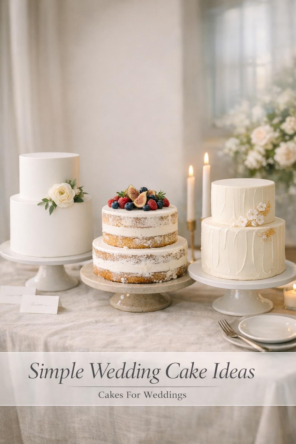 Simple wedding cake ideas featuring three styles: minimalist, rustic naked, and classic ivory cakes on a linen table.