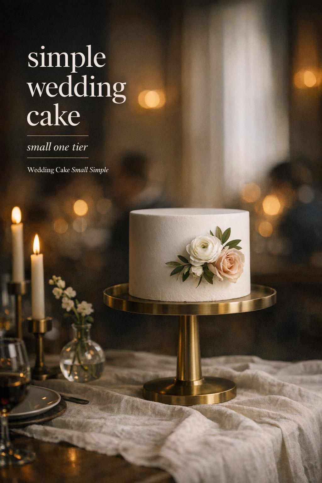 Simple wedding cake small one tier on a modern pedestal with candles and linen in a candlelit restaurant, cinematic editorial photo