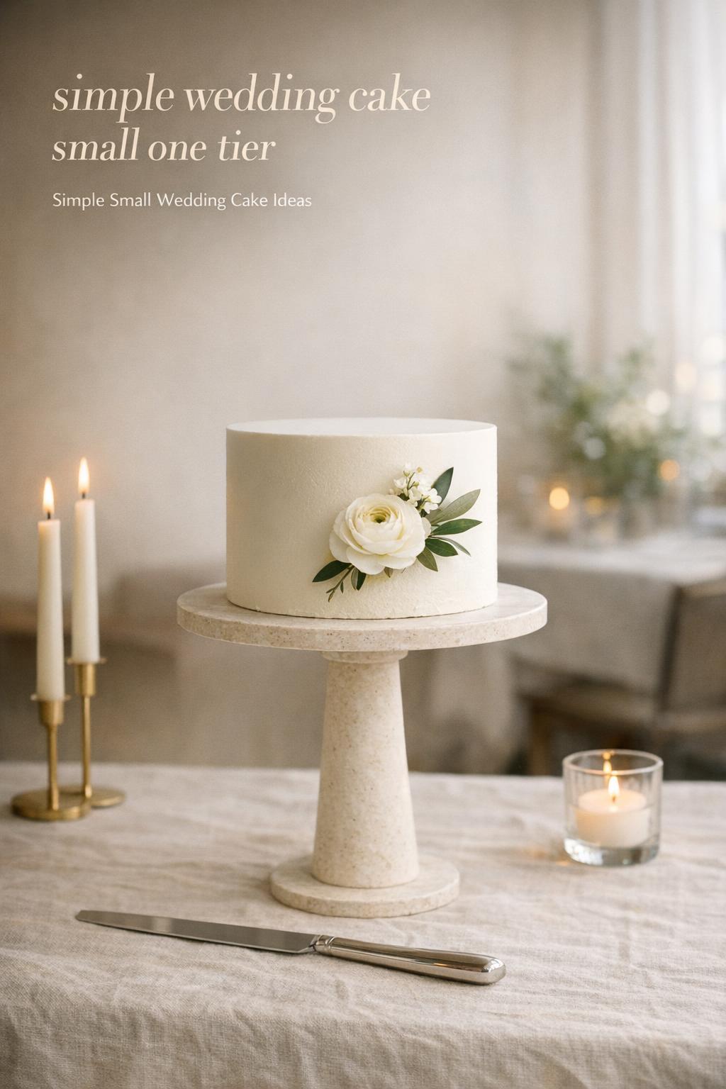 Simple wedding cake small one tier on a tall pedestal with minimalist florals, linen table, and candlelight in a modern dining room.