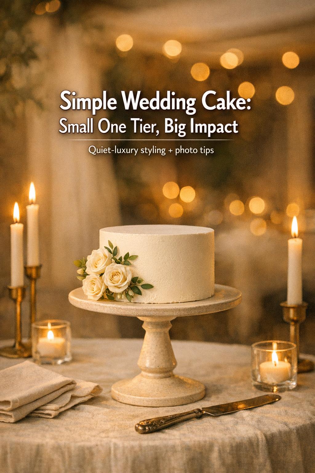 Simple wedding cake small one tier on an elegant pedestal with candles on a linen table in warm golden-hour light