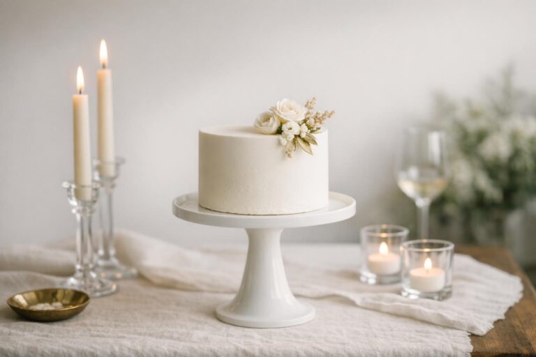 Simple wedding cake small one tier on a tall white stand with minimal floral accent in soft natural light